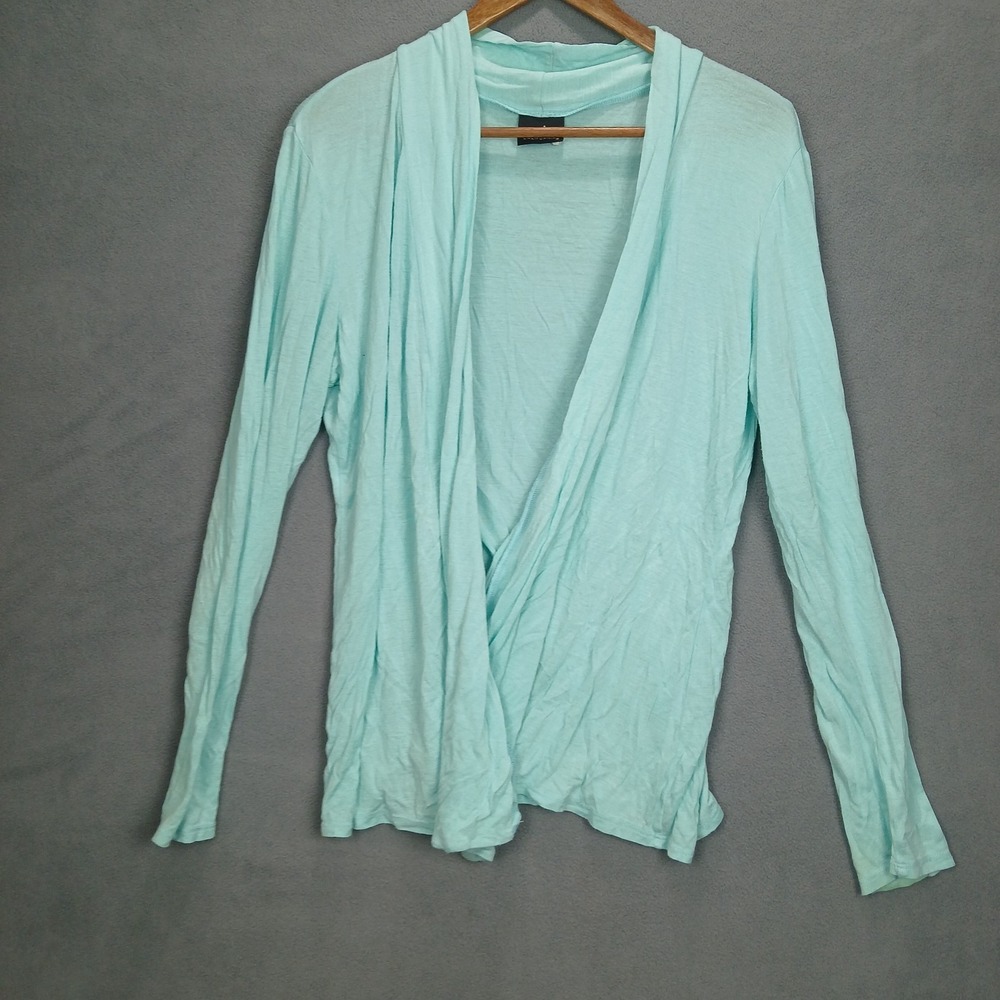 JKLA California Cardigan Sweater Womens L Aqua Stretch Fitted Sleeve Open‎ Front